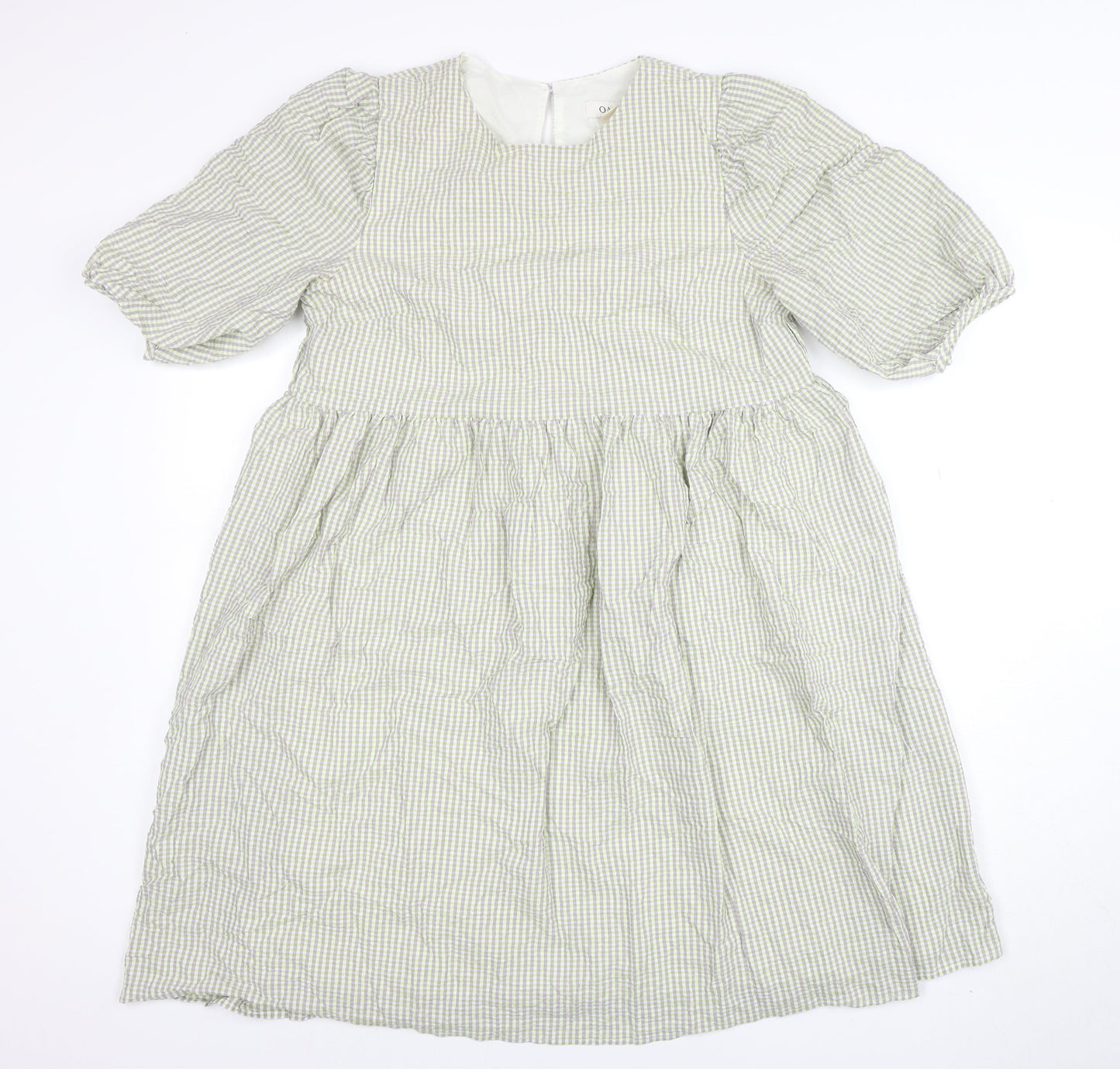Oasis Women's Green Check A-Line Puff Sleeve Knee Length Dress Size 12