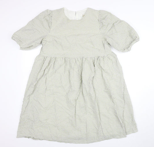 Oasis Women's Green Check A-Line Puff Sleeve Knee Length Dress Size 12