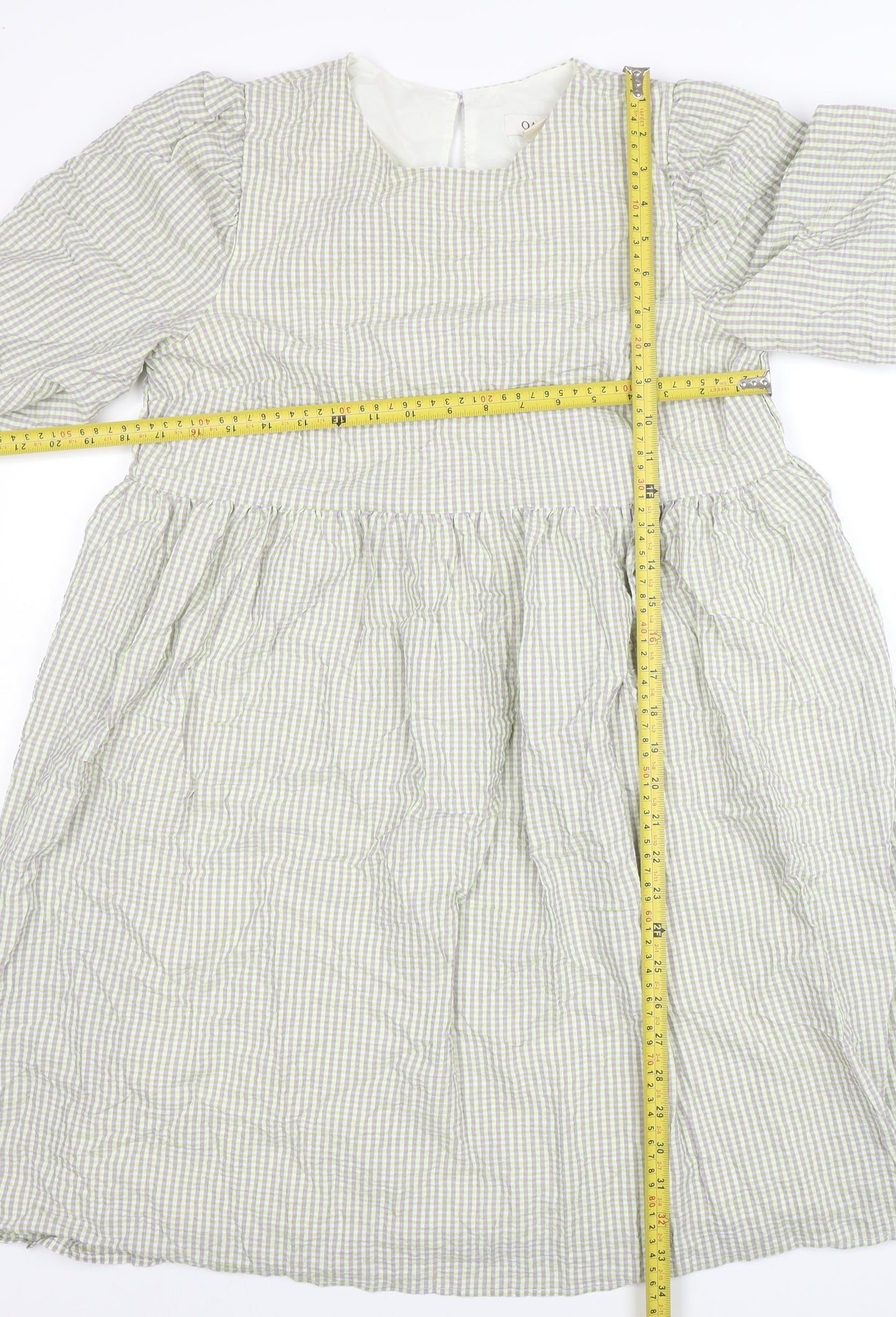 Oasis Women's Green Check A-Line Puff Sleeve Knee Length Dress Size 12