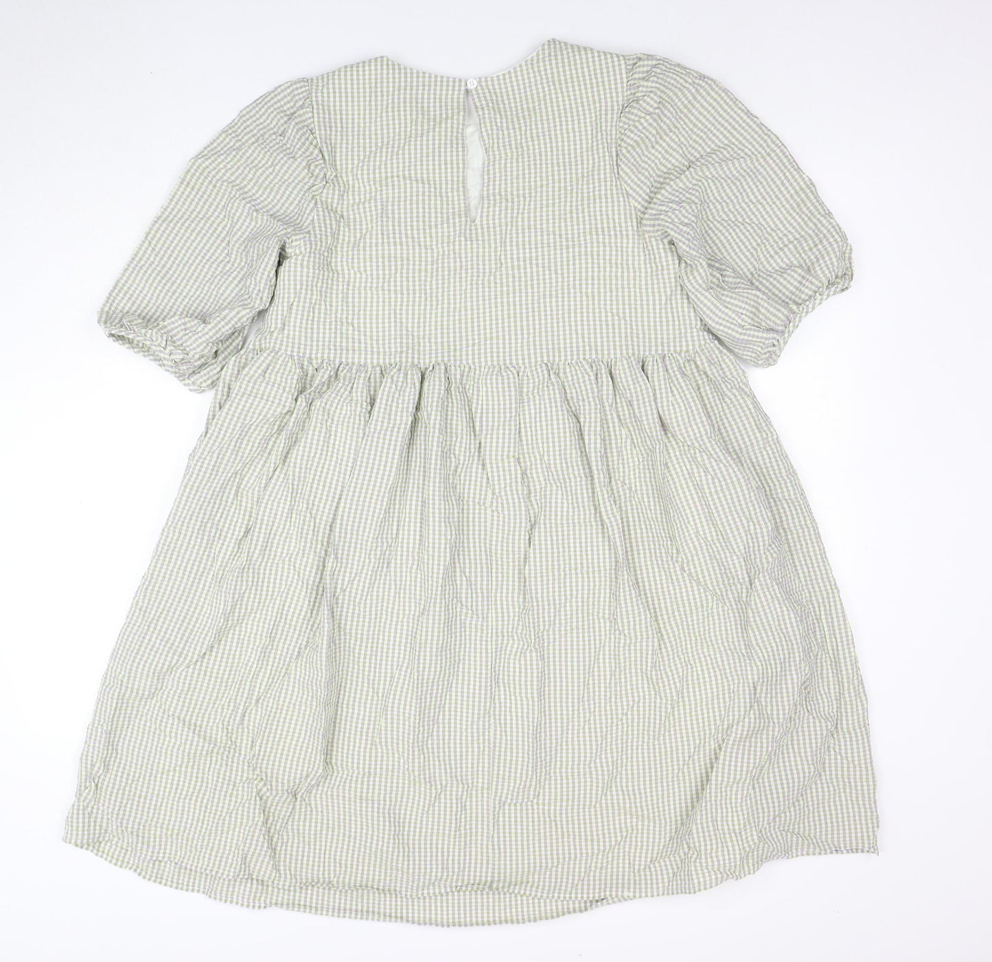 Oasis Women's Green Check A-Line Puff Sleeve Knee Length Dress Size 12