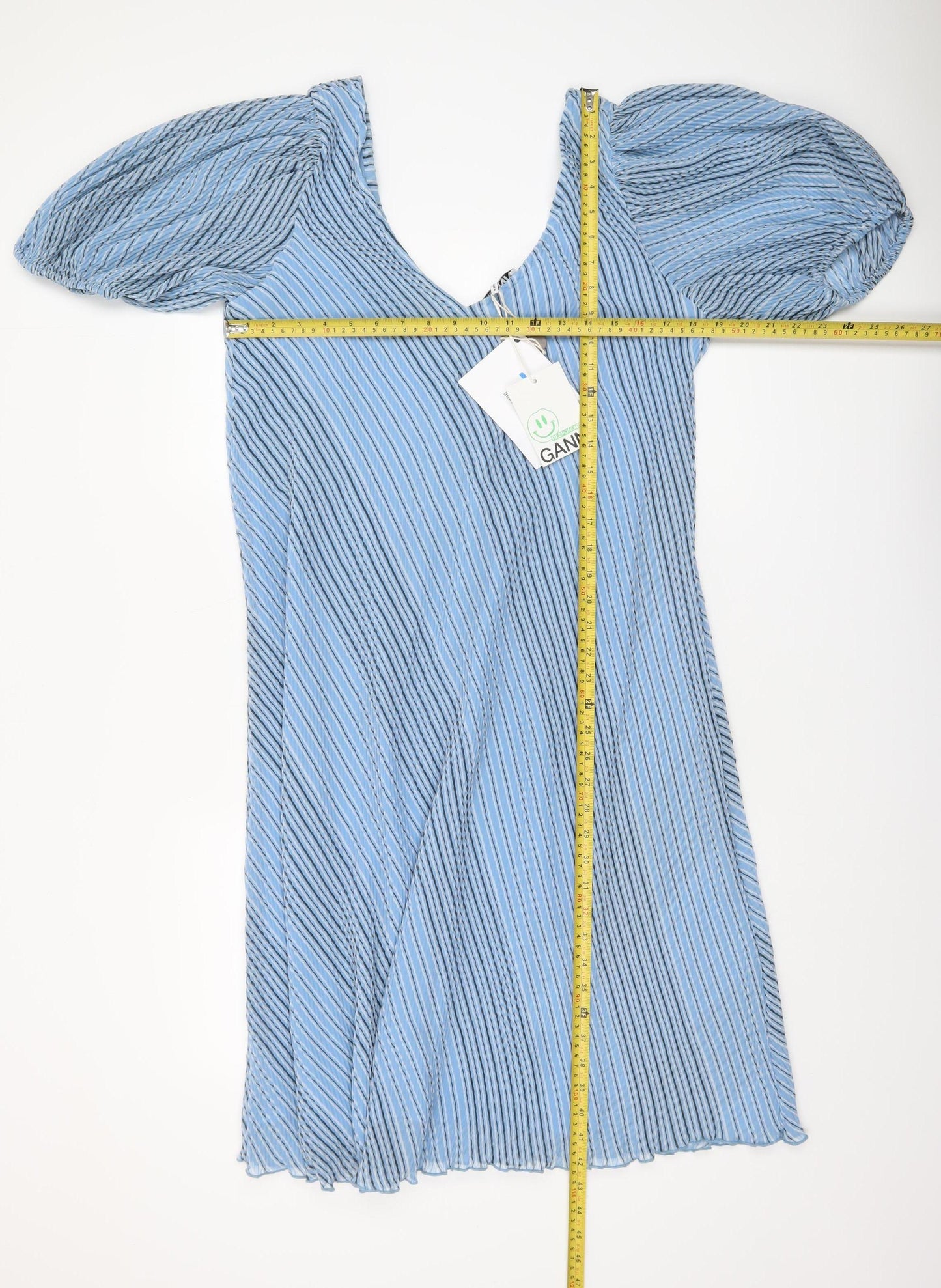 GANNI Women’s Blue Striped V-Neck Puff Sleeve A-Line Dress Size 12
