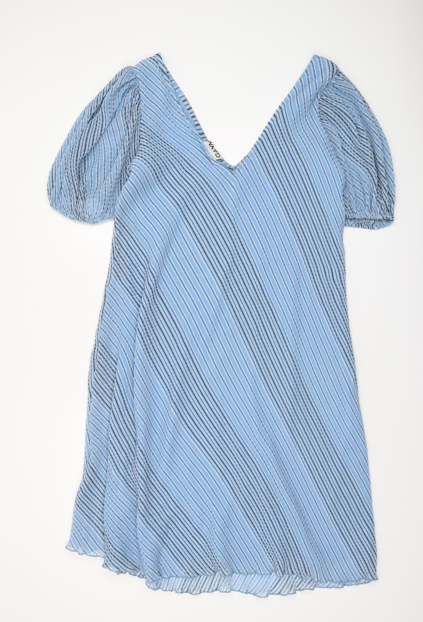GANNI Women’s Blue Striped V-Neck Puff Sleeve A-Line Dress Size 12