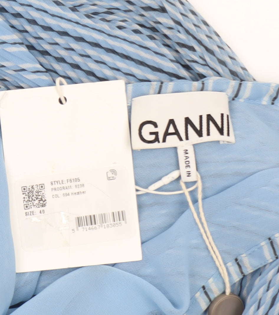 GANNI Women’s Blue Striped V-Neck Puff Sleeve A-Line Dress Size 12