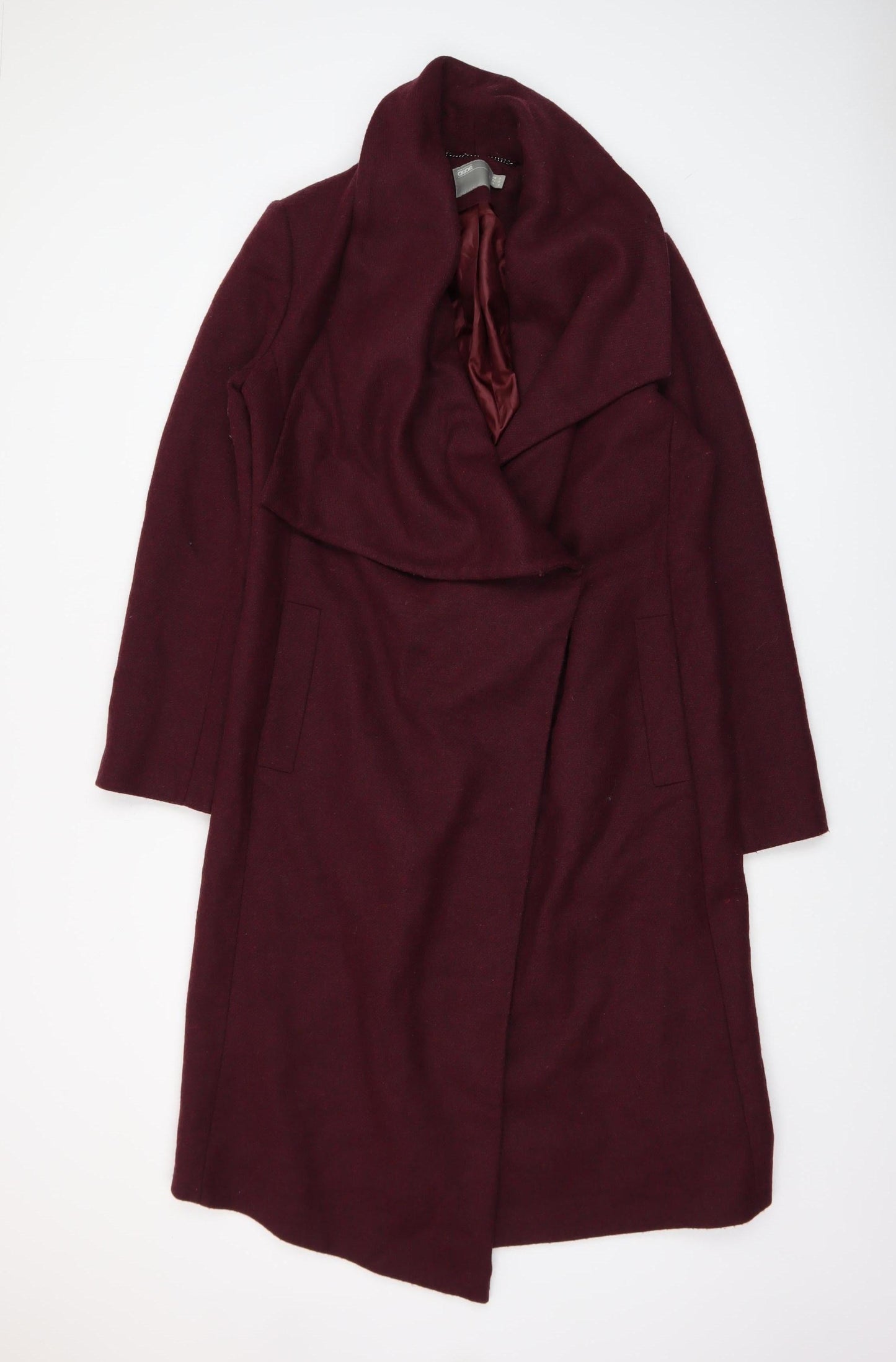 ASOS Women Burgundy Wool Blend Long Coat Size 12 Elegant Draped Style
