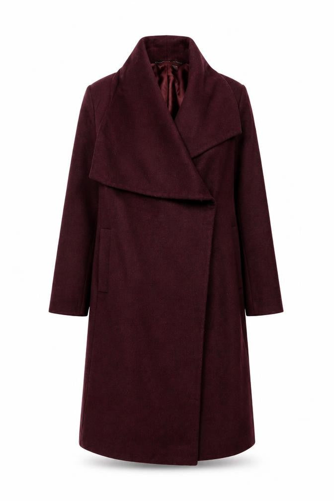 ASOS Women Burgundy Wool Blend Long Coat Size 12 Elegant Draped Style
