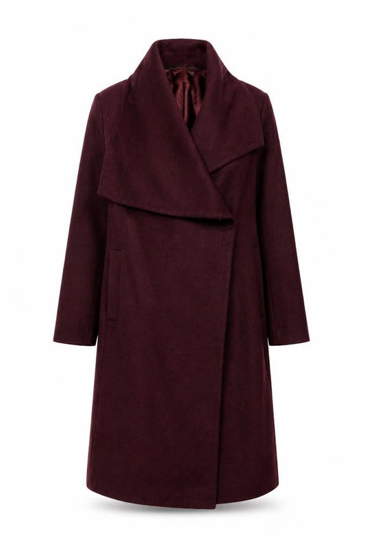 Front view of ASOS Women Burgundy Wool Blend Long Coat, size 12, Elegant Draped Style
