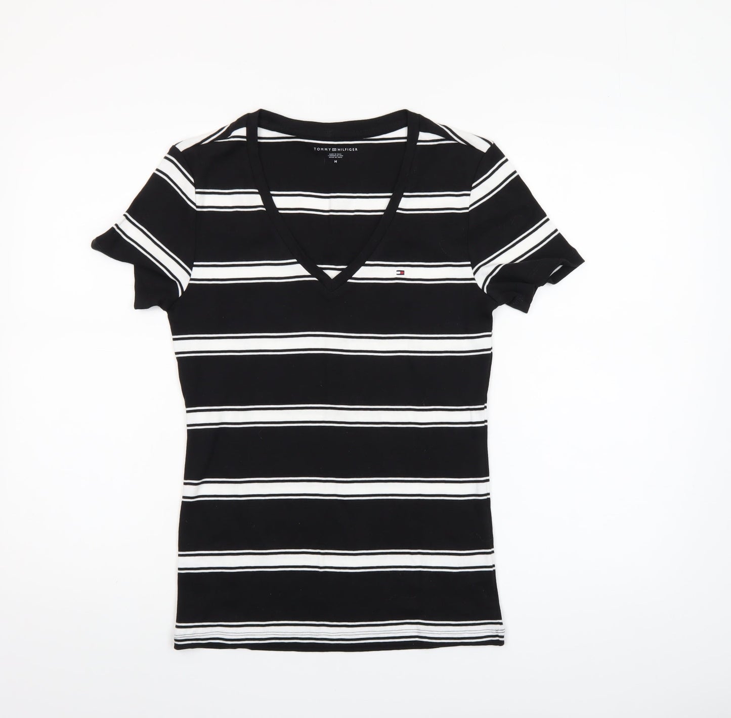 Tommy Hilfiger Women Black Striped V-Neck Cotton T-Shirt M