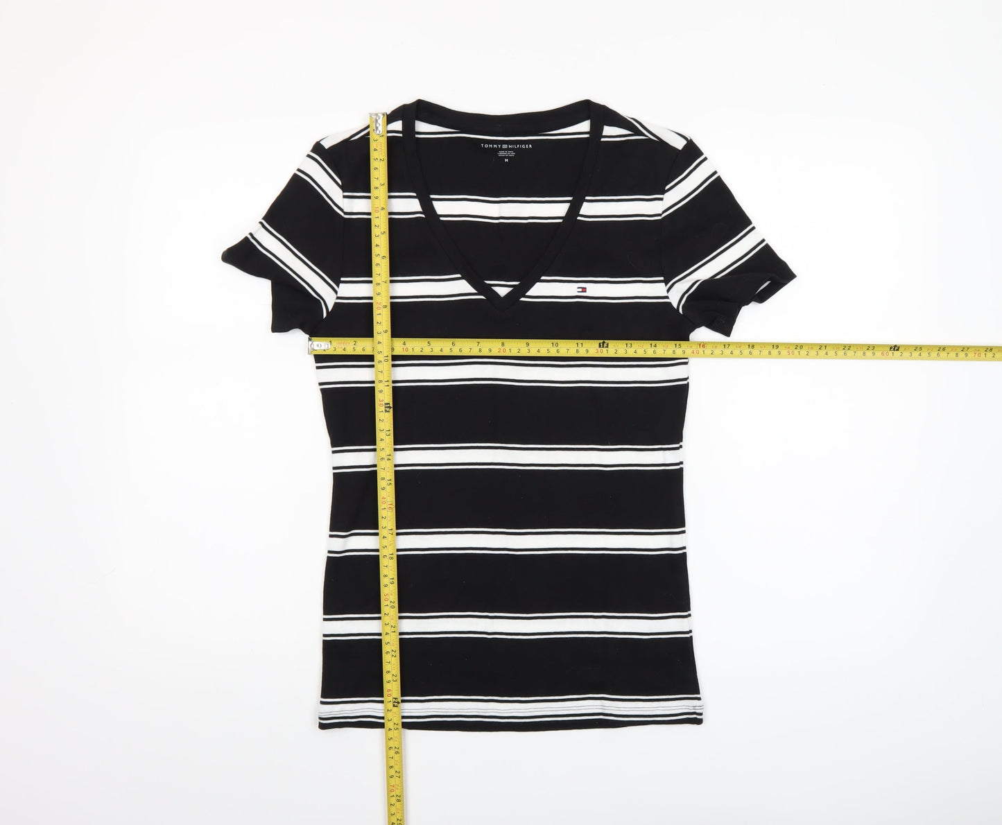 Tommy Hilfiger Women Black Striped V-Neck Cotton T-Shirt M
