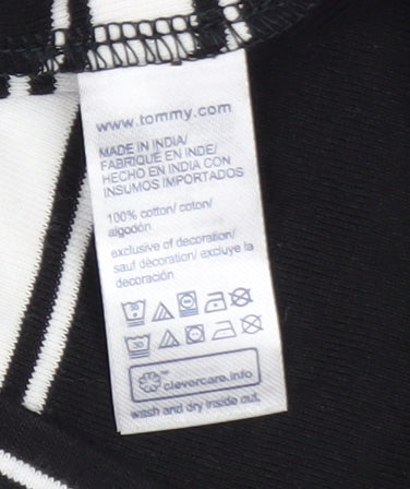 Tommy Hilfiger Women Black Striped V-Neck Cotton T-Shirt M