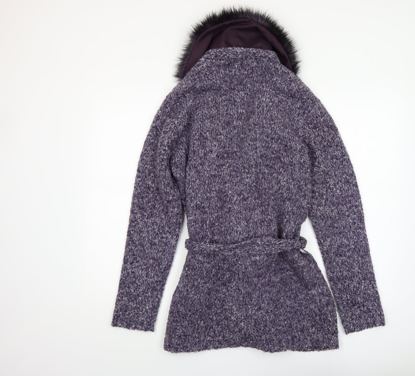 St. Bernard Women’s Purple Fur Trim Belted Knit Cardigan Size 14-16
