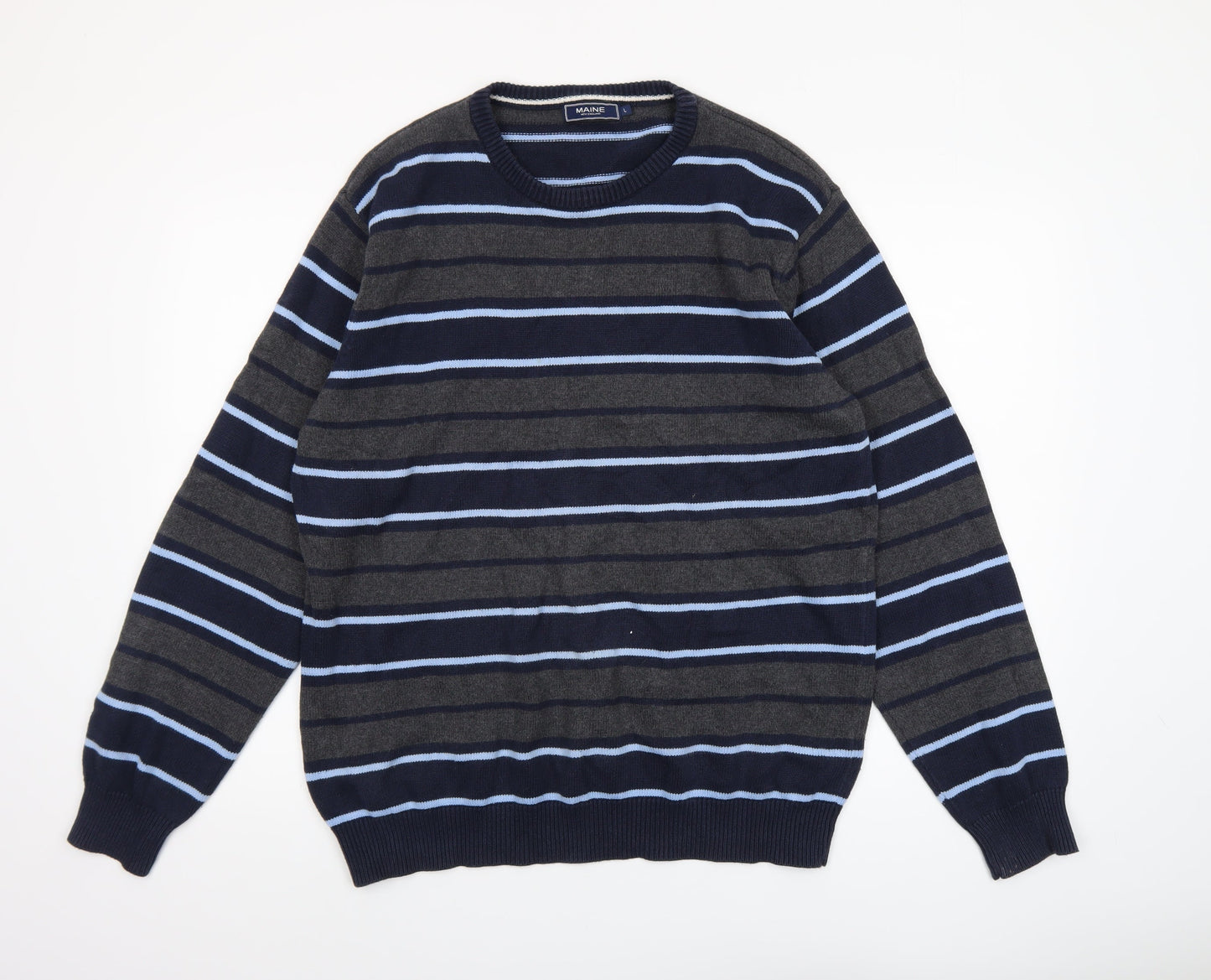 Maine New England Men's Blue Striped Cotton Crew Neck Jumper L