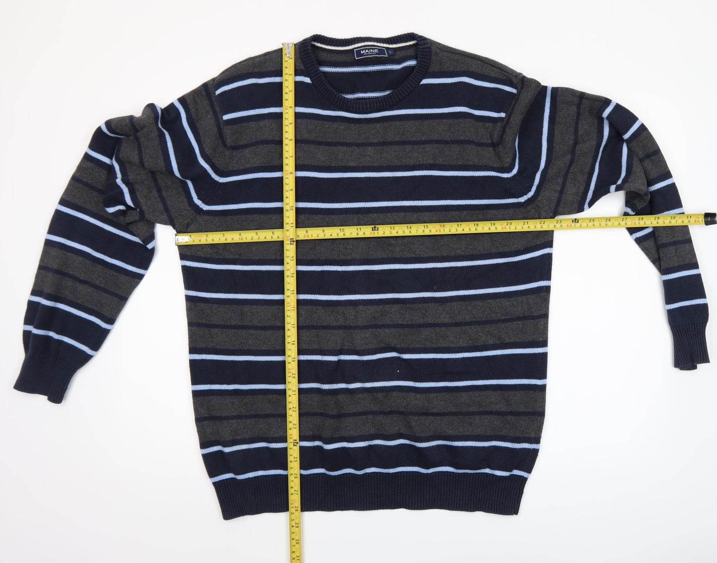 Maine New England Men's Blue Striped Cotton Crew Neck Jumper L