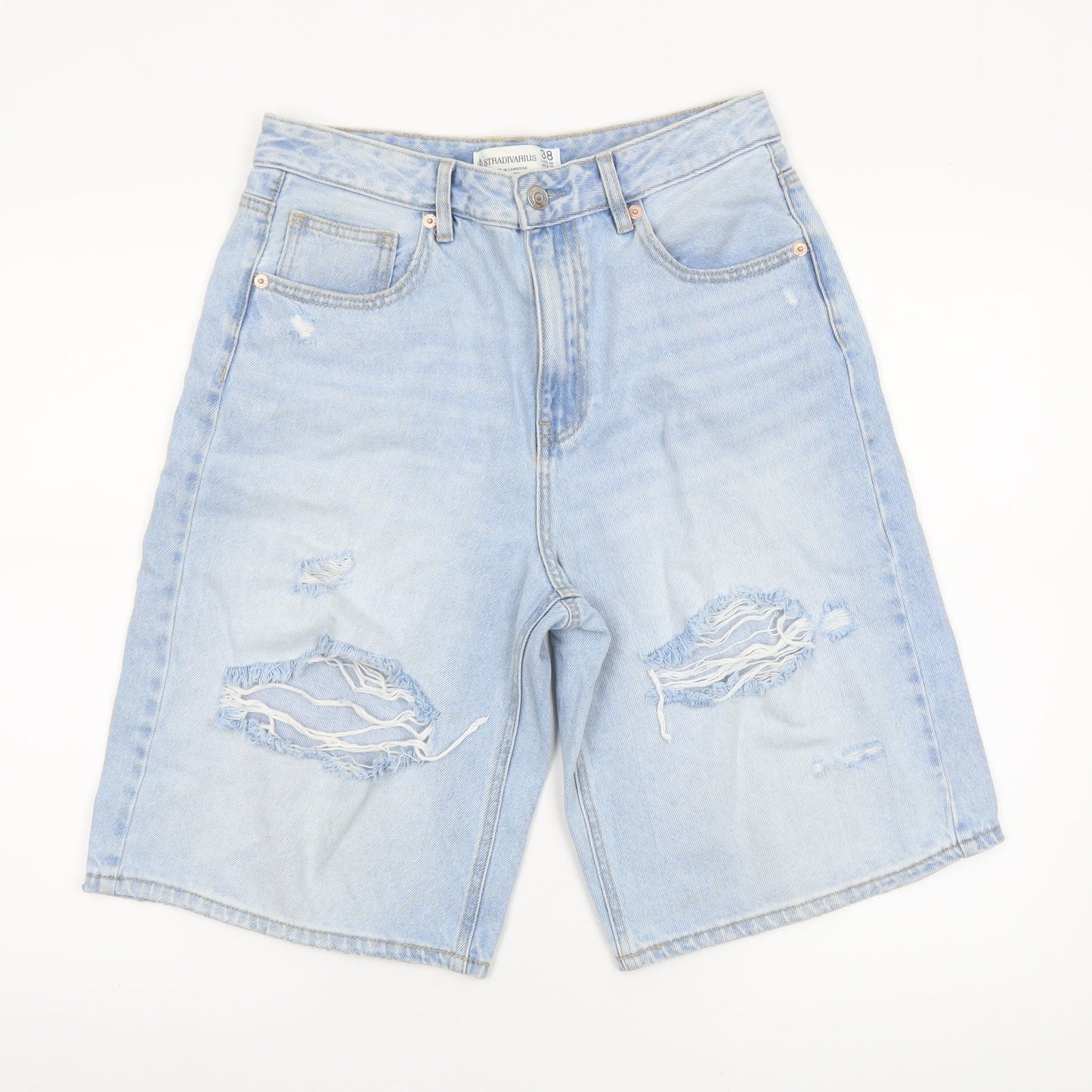 Stradivarius Women's Blue Distressed Denim Bermuda Shorts UK 10