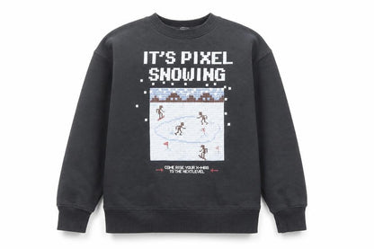 Front view of Zara boys’ black pixel snowing christmas graphic pullover sweatshirt 10 years