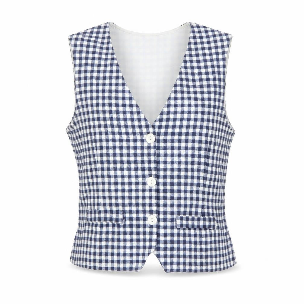 ASOS Women Blue Check Cropped Sleeveless Button Blouse L