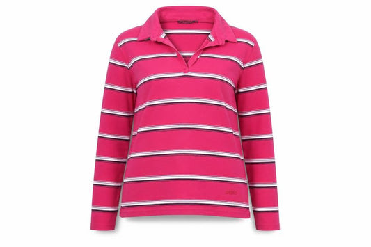 Front view of Musto Women's Pink Striped Long Sleeve Cotton Polo Shirt, size 14