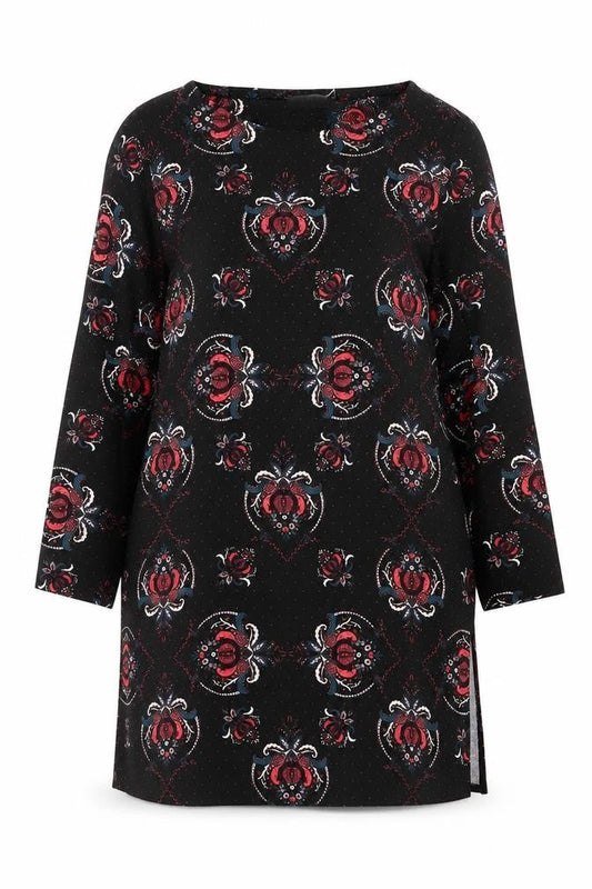 Front view of Principles Women's Black Floral Tunic Top, size 12, Viscose Stretch