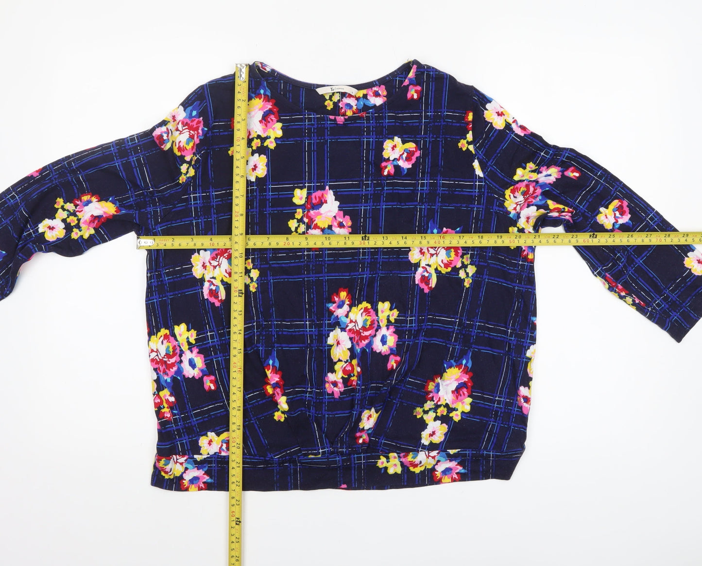 Tu Woman Navy Floral Check Jersey Top Size 18 Cotton Viscose