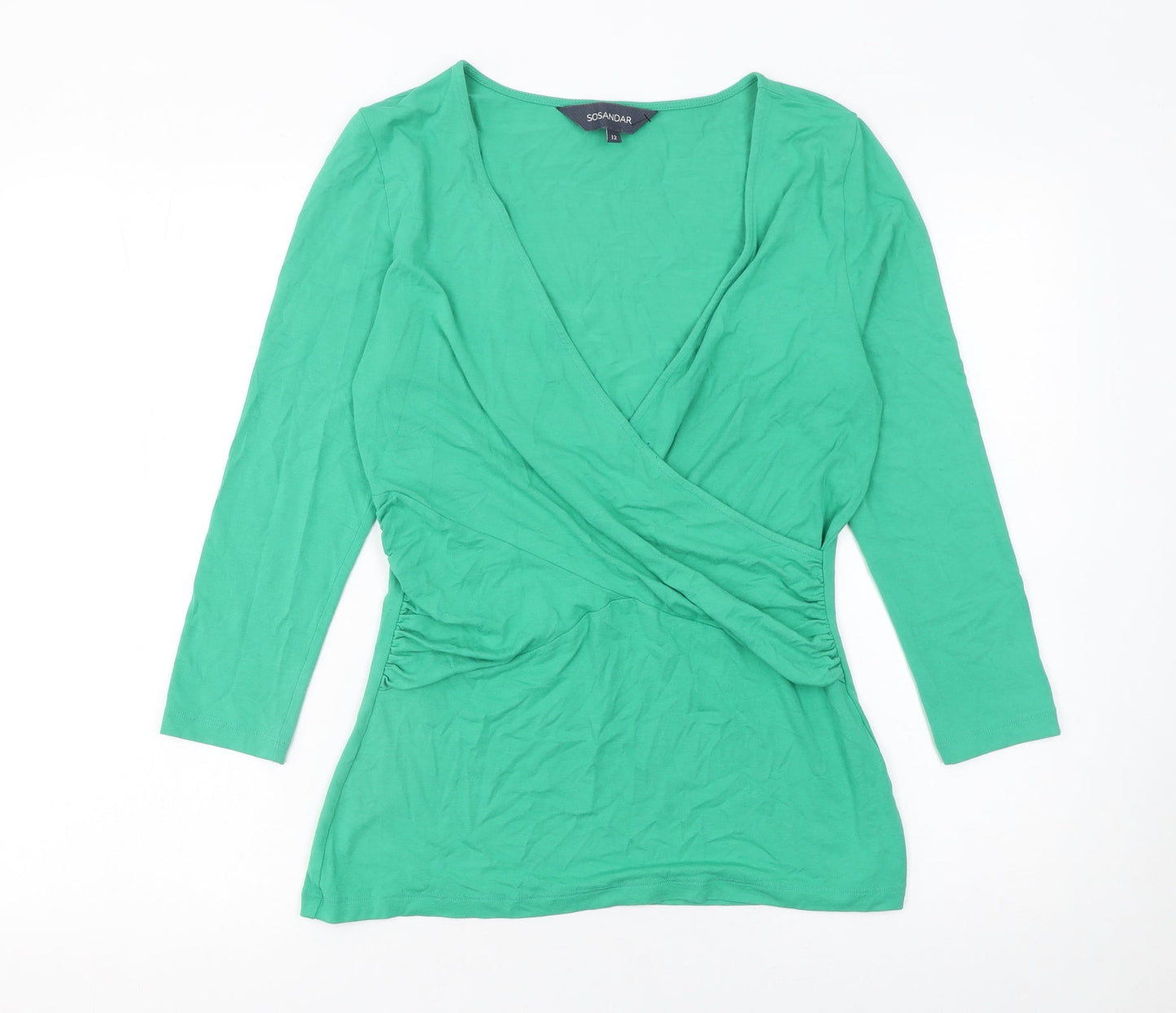 Sosandar Women’s Green Wrap Jersey 3/4 Sleeve Blouse UK 12