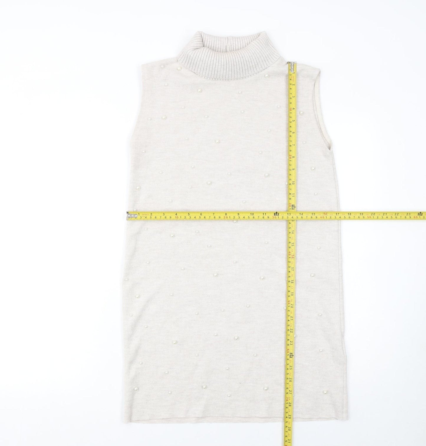Zara Women Ivory Sleeveless Roll Neck Beaded Knit Blouse Size S