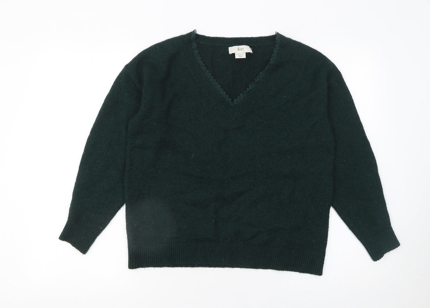 &et Women's Green V-Neck Pullover Jumper Size 10 Classic Knit