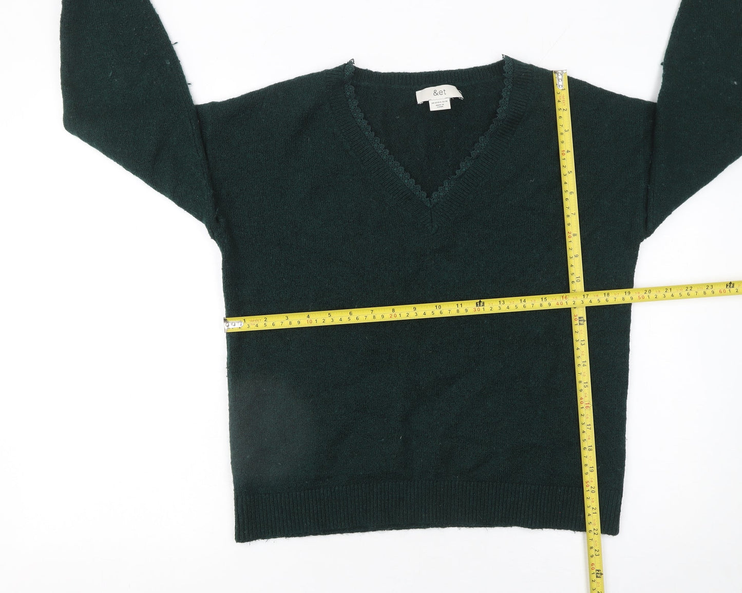 &et Women's Green V-Neck Pullover Jumper Size 10 Classic Knit
