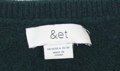 &et Women's Green V-Neck Pullover Jumper Size 10 Classic Knit