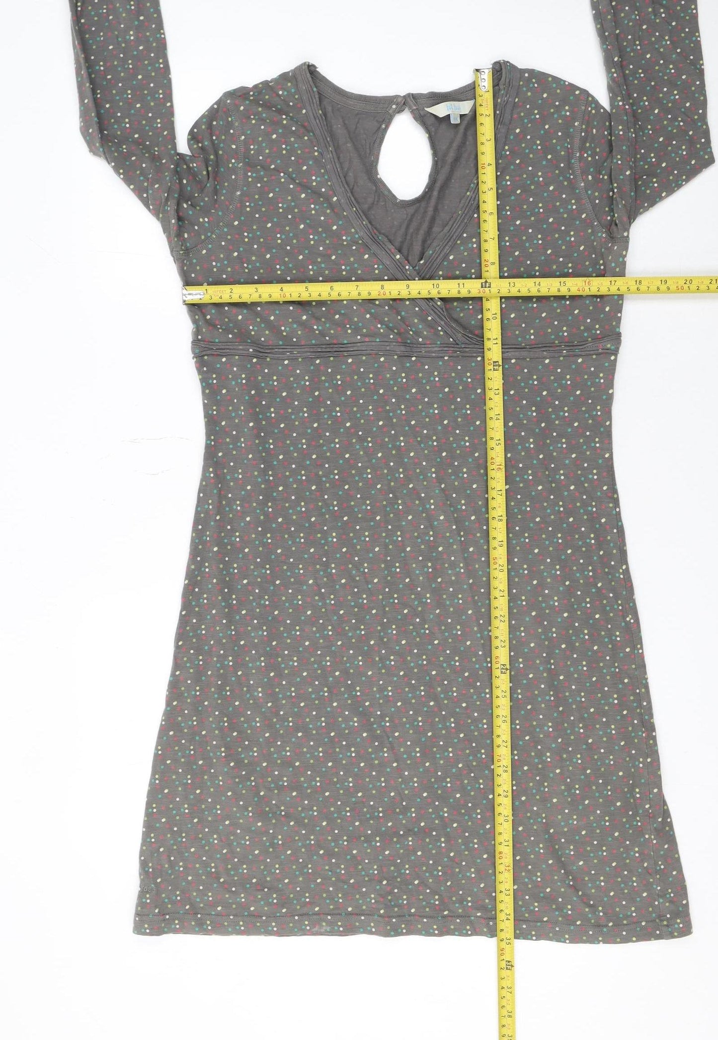Fat Face Women Grey Polka Dot Knee Length V-Neck Shift Dress Size 14
