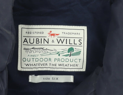Brand and care label for Aubin & Wills boys’ blue quilted down puffer jacket, size 6, years