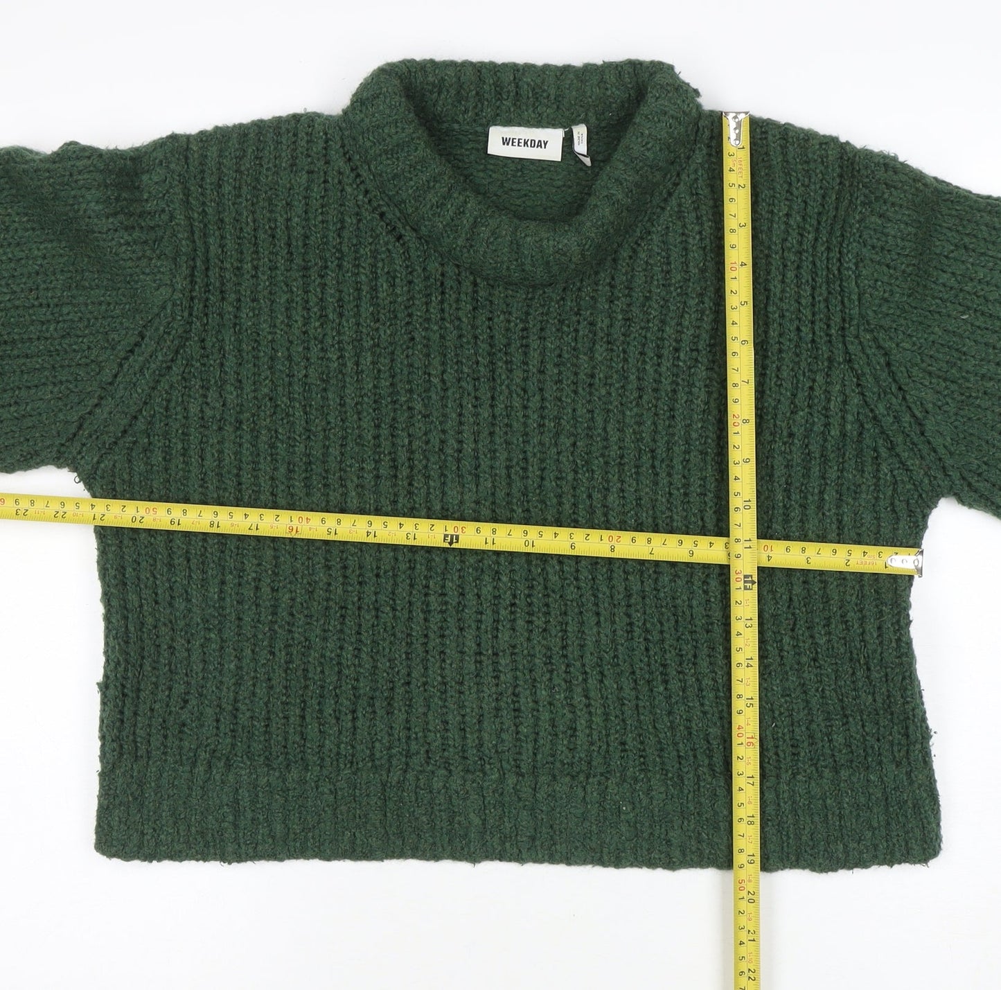Weekday Women's Green Chunky Knit Wool Blend High Neck Jumper Size M