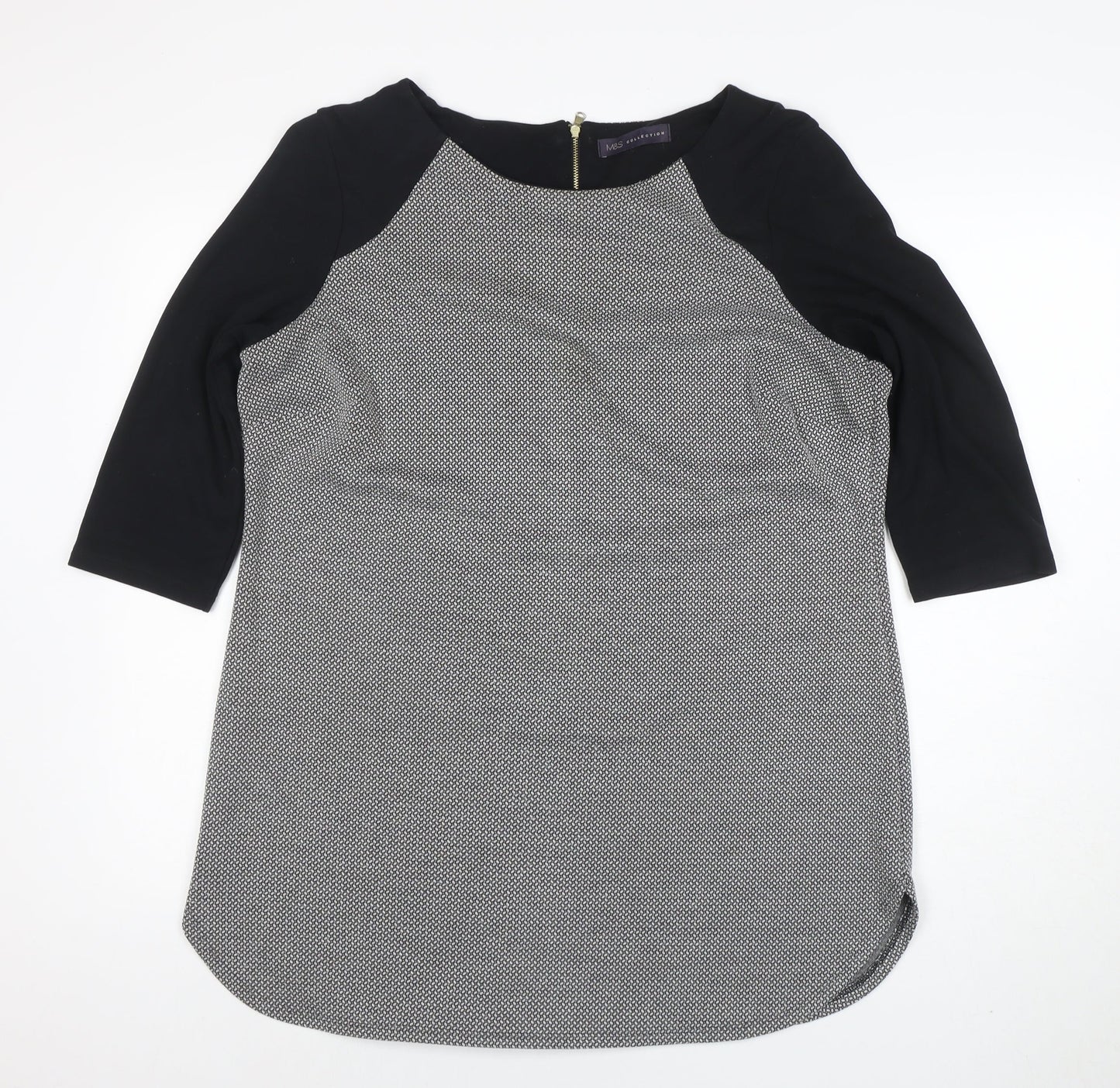 Marks and Spencer Womens Black Mix Tunic Blouse Size 16 Viscose 3/4 Sleeve Zip Back