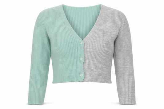 PRETTYLITTLETHING Women Green Grey V-Neck Ribbed Knit Cardigan M