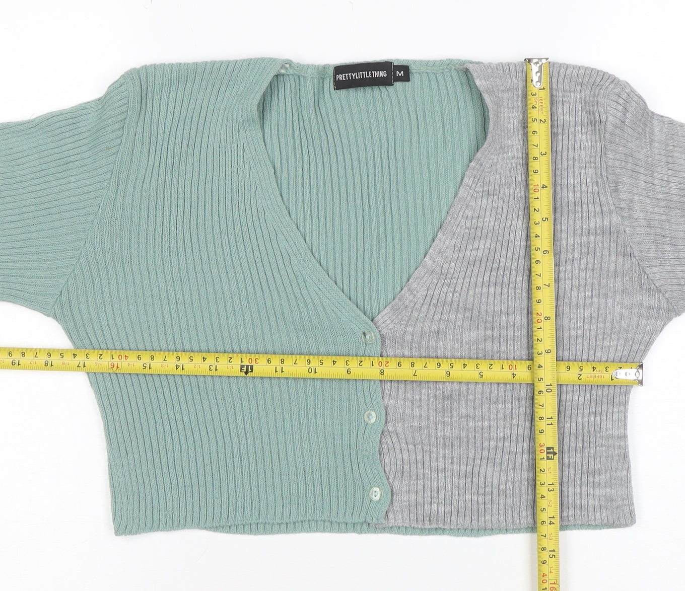 PrettyLittleThing Women Green Grey V-Neck Ribbed Knit Cardigan M