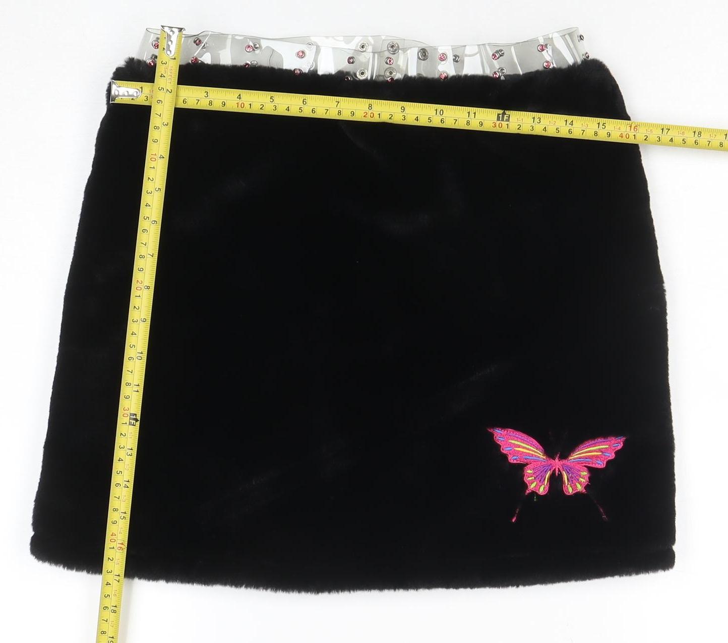 Clubexx Women’s Black Faux Fur Mini Skirt L with Zip Detail