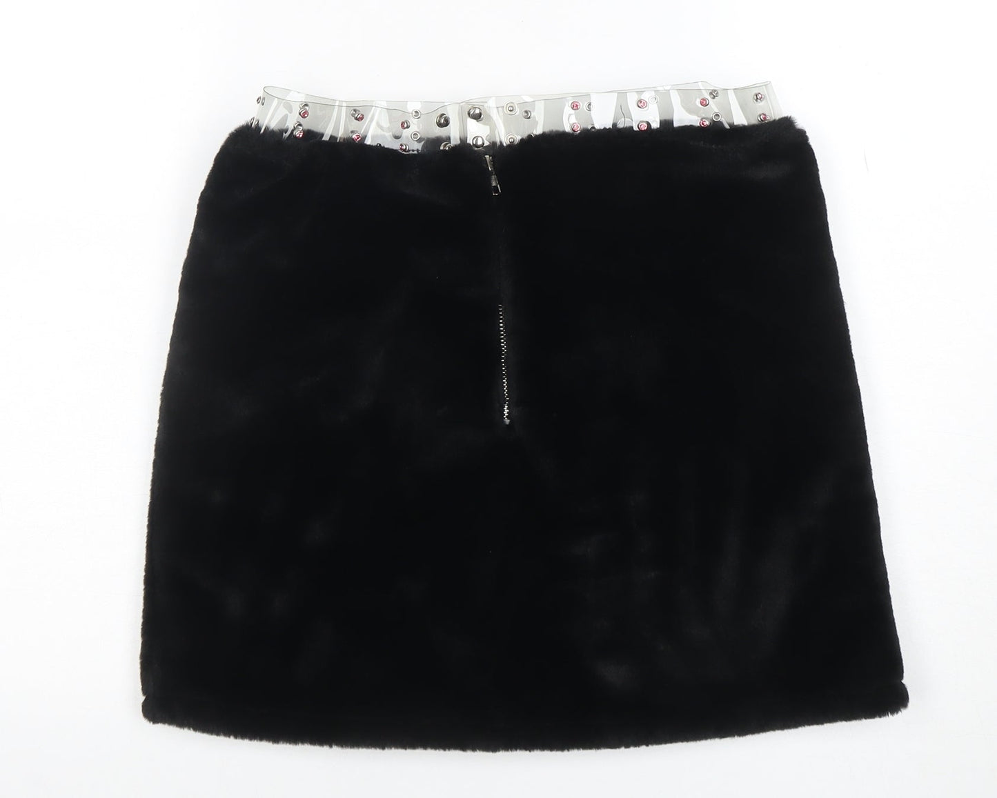 Clubexx Women’s Black Faux Fur Mini Skirt L with Zip Detail