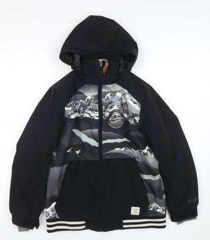 Additional front view of Protest boys’ black mountain print hooded waterproof puffer jacket 10y
