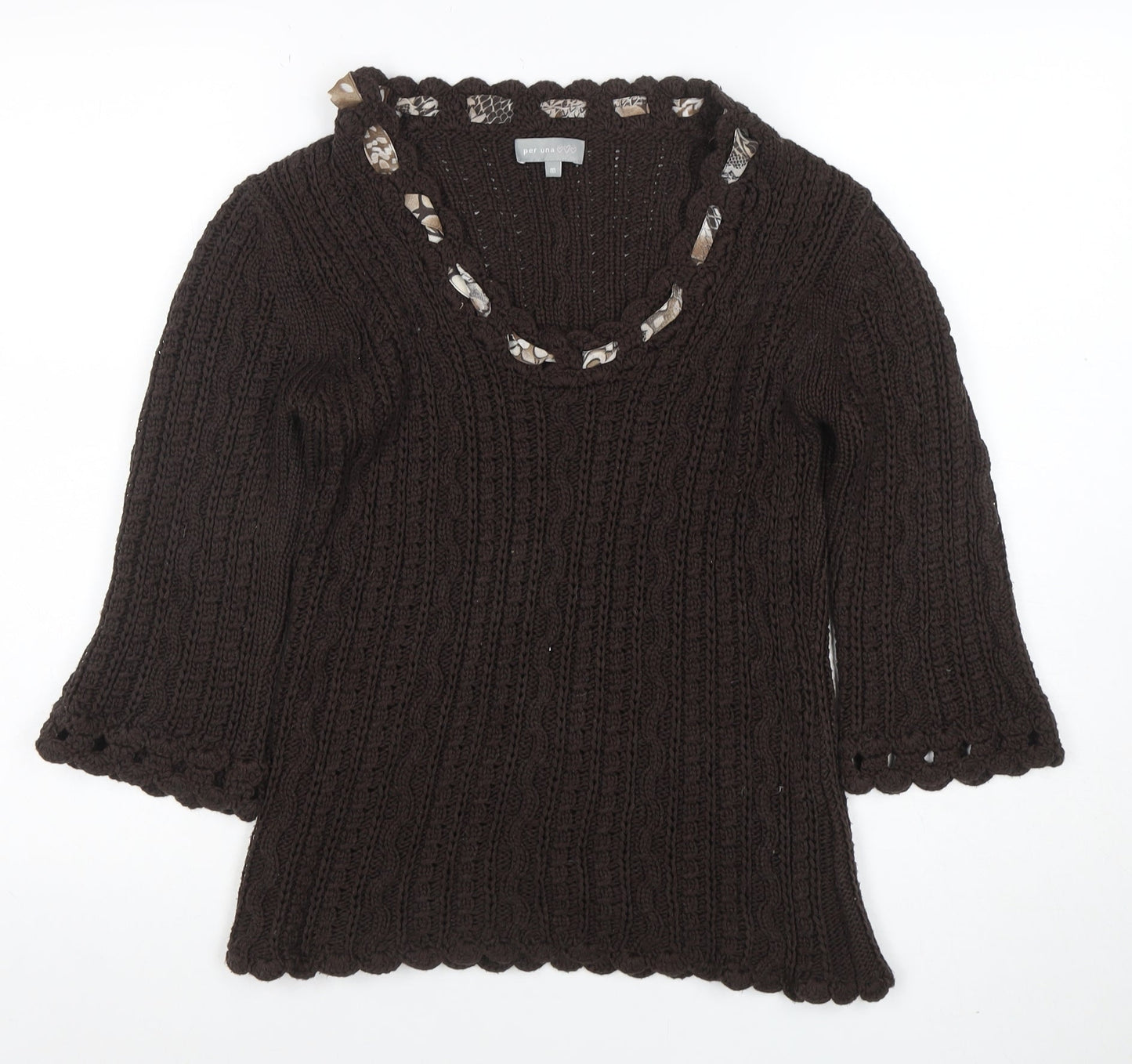 Marks and Spencer Per Una Women’s Brown Cable-Knit 3/4 Sleeve Scoop Neck Jumper M