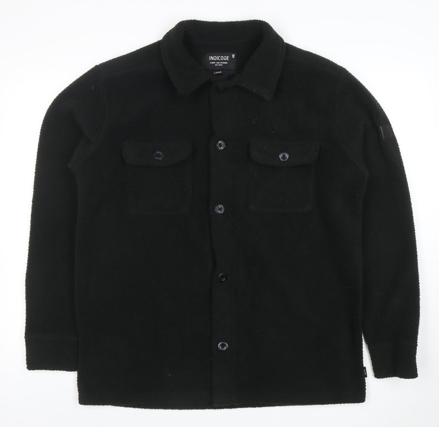 INDICODE Men’s Black Fleece Button Jacket L Collared Mid-Length
