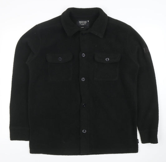 INDICODE Men’s Black Fleece Button Jacket L Collared Mid-Length