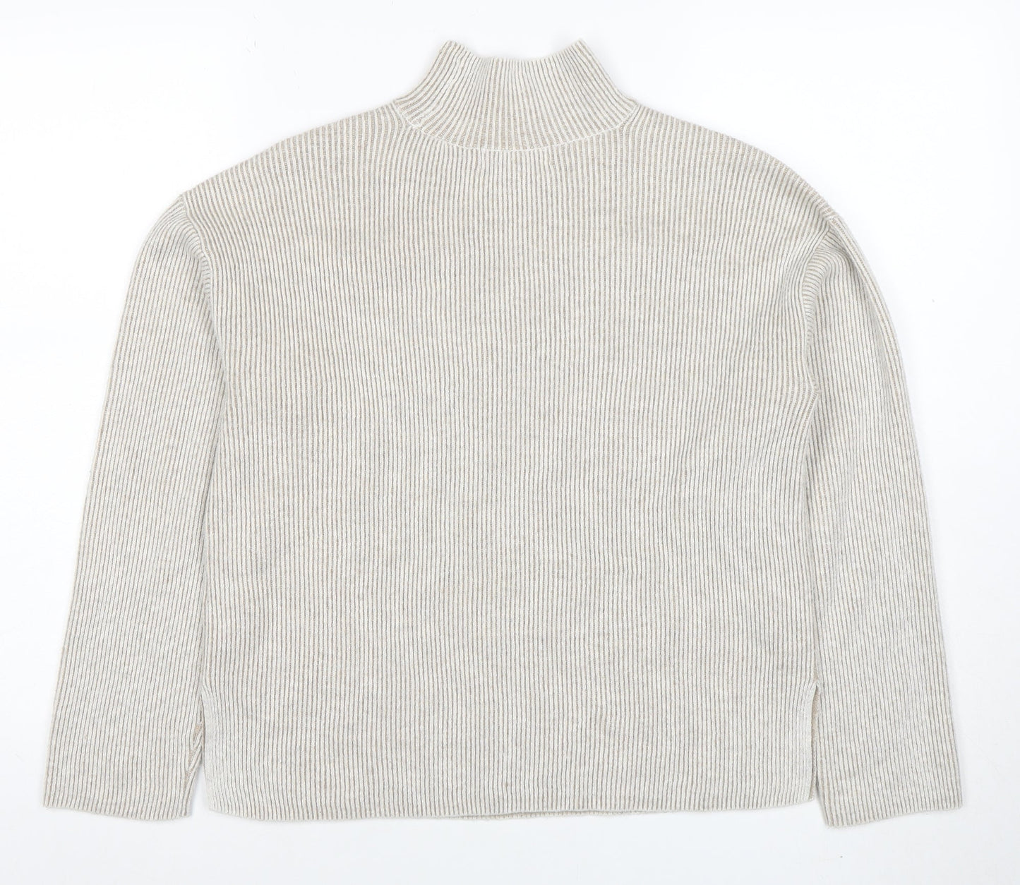 Marks and Spencer Women Beige Mock Neck Ribbed Knit Jumper XS
