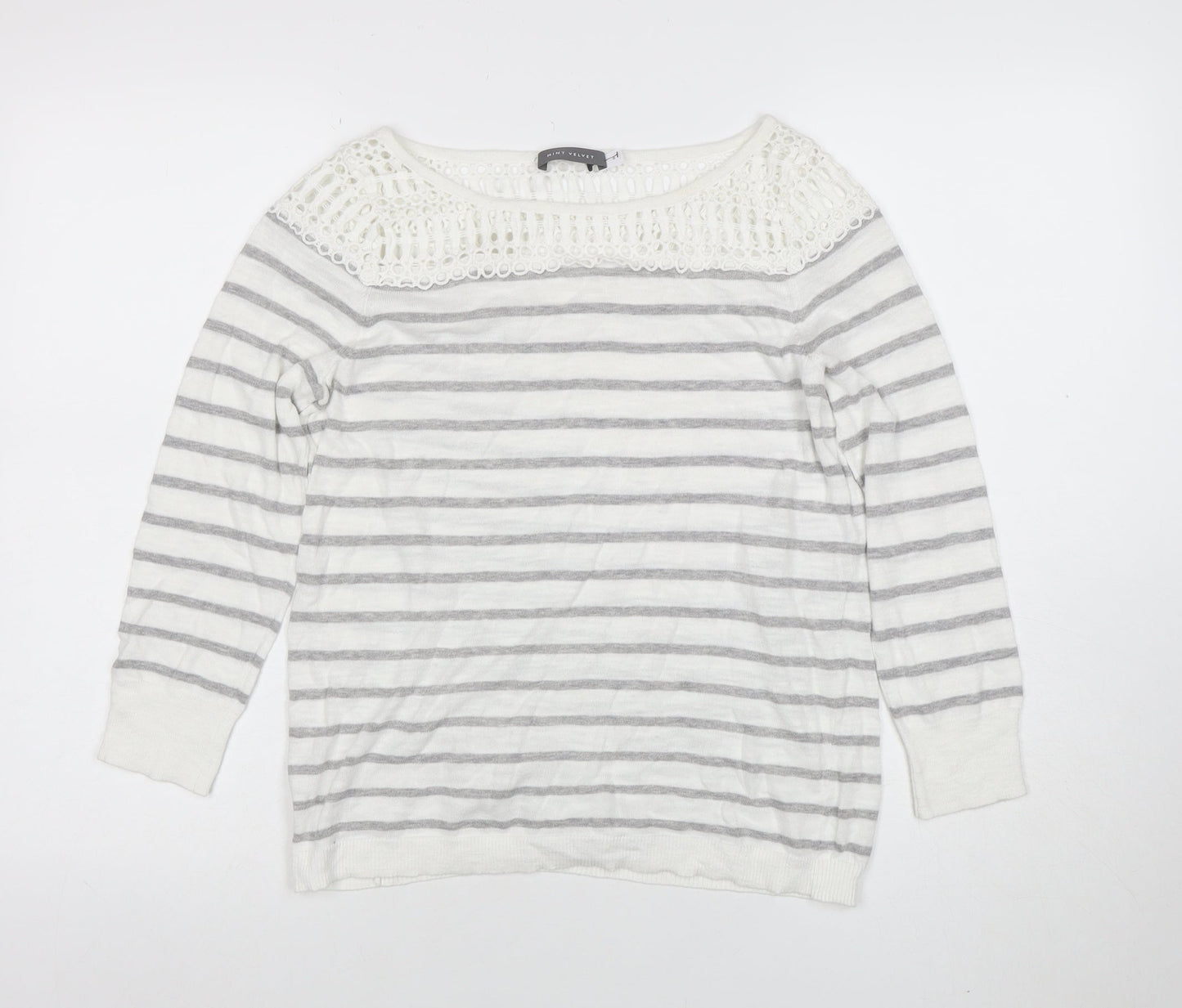 Mint Velvet Women’s Grey Striped Crochet Knit Cotton Jumper Size 8
