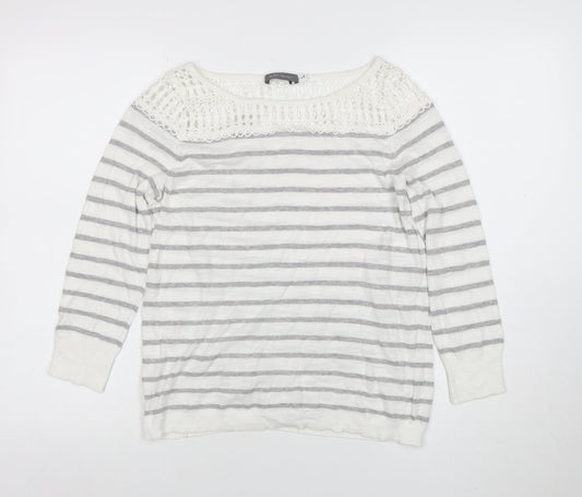 Mint Velvet Women’s Grey Striped Crochet Knit Cotton Jumper Size 8