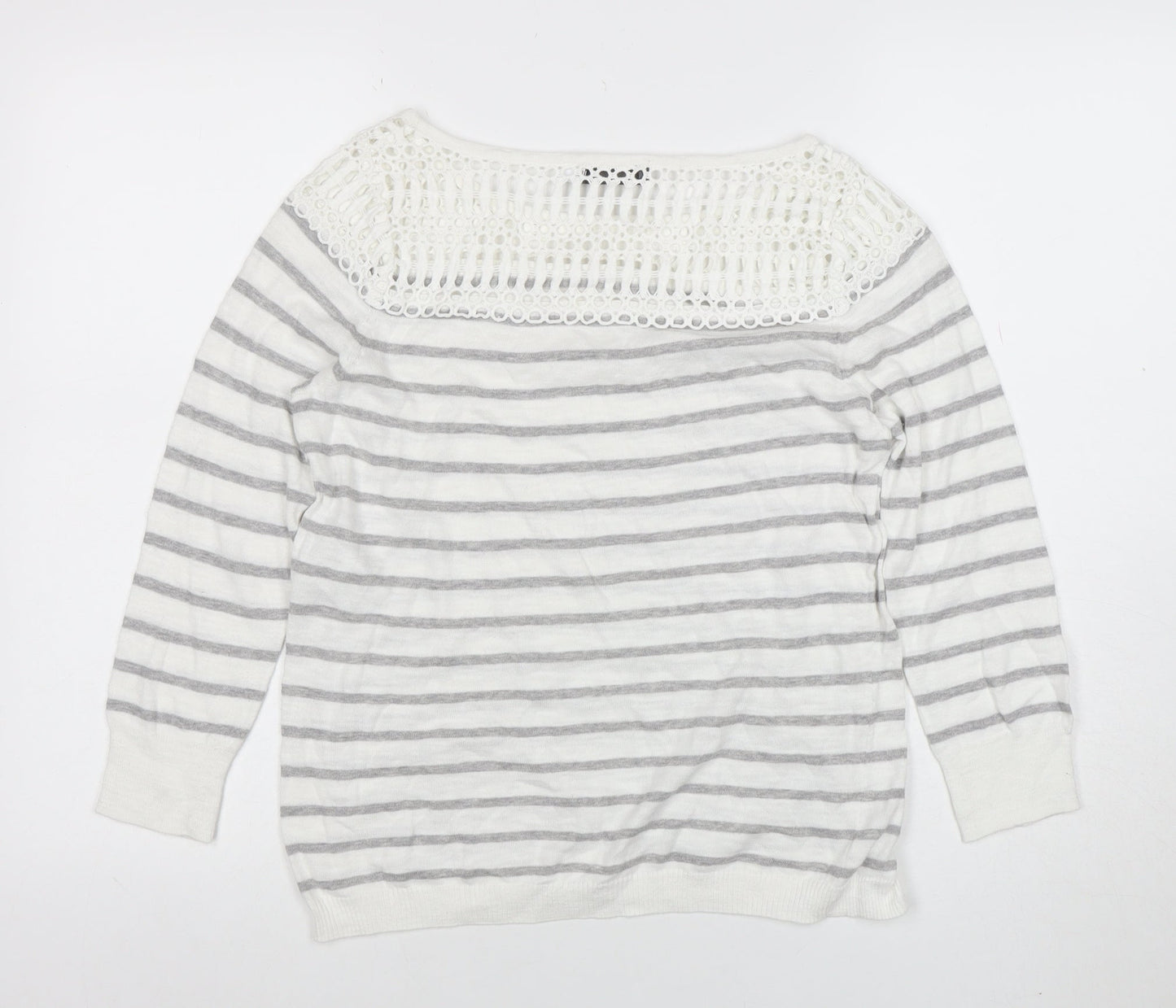Mint Velvet Women’s Grey Striped Crochet Knit Cotton Jumper Size 8