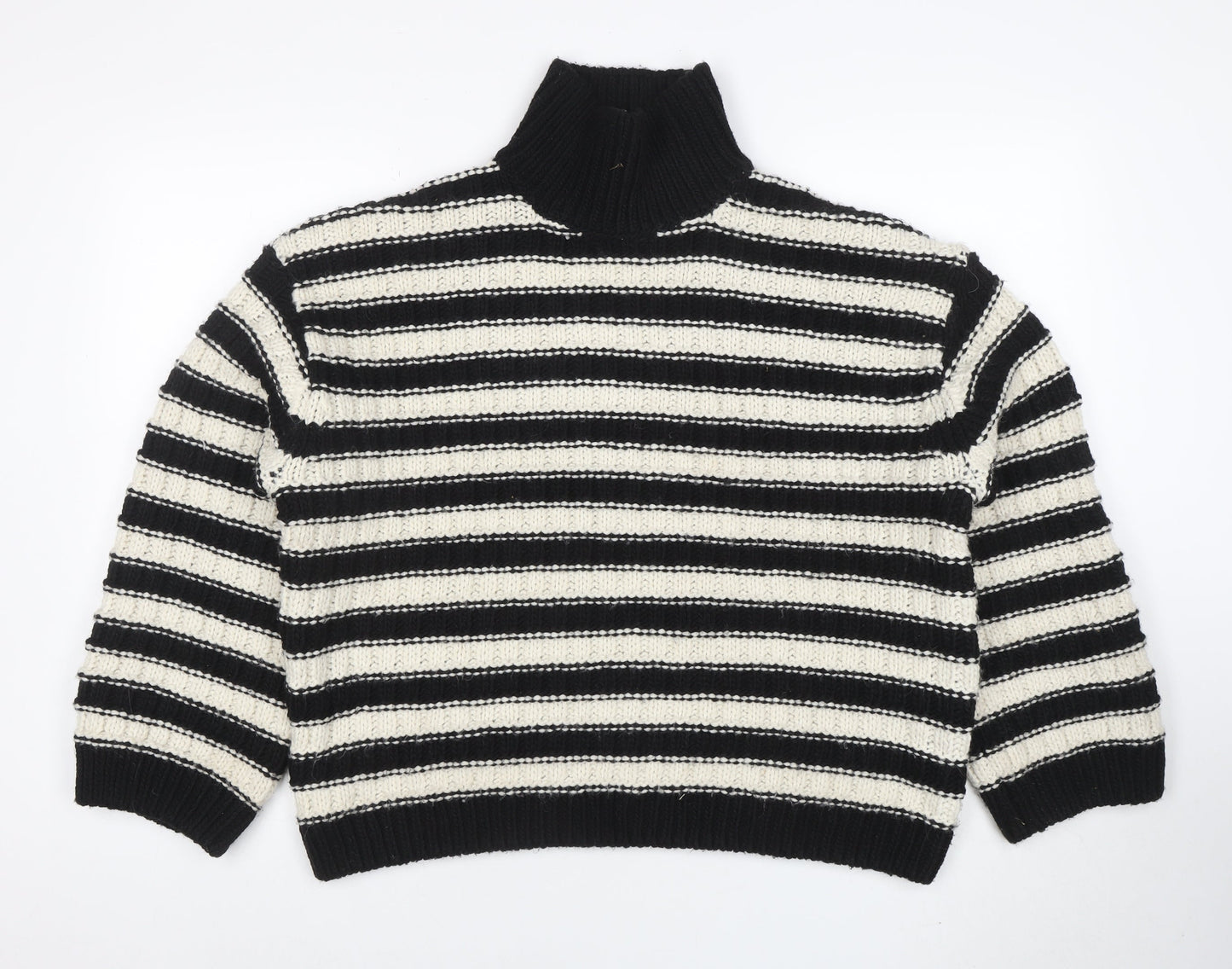 H&M Women’s Black White Striped Roll Neck Chunky Knit Jumper Size L