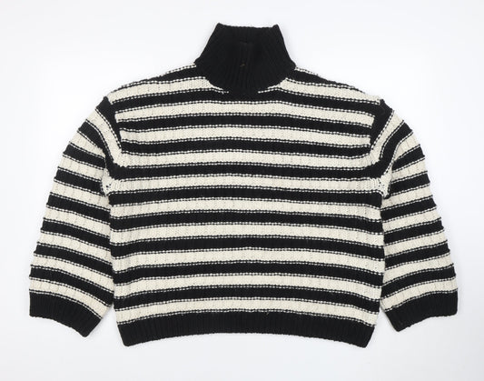 H&M Women’s Black White Striped Roll Neck Chunky Knit Jumper Size L