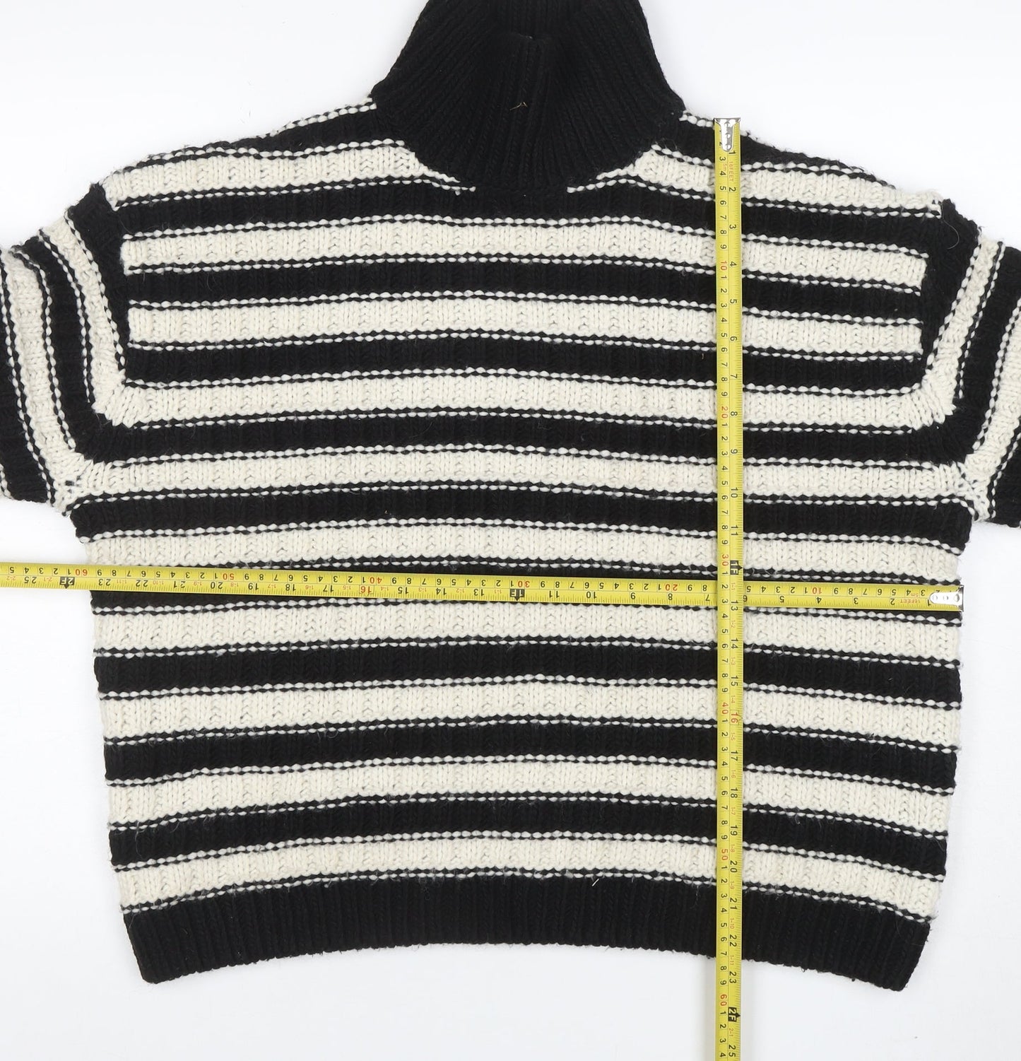 H&M Women’s Black White Striped Roll Neck Chunky Knit Jumper Size L