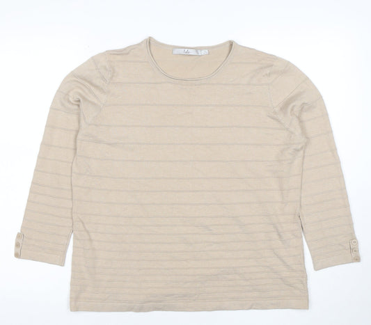 Isle Women Beige Striped Knit 3/4 Sleeve Crew Neck Top L