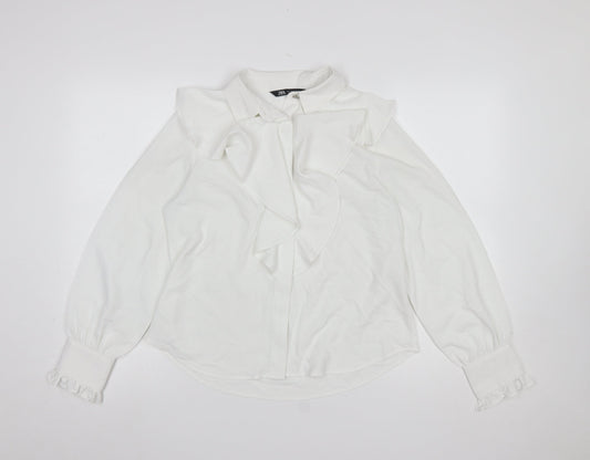 Zara Women White Ruffle Bow Long Sleeve Blouse Size S