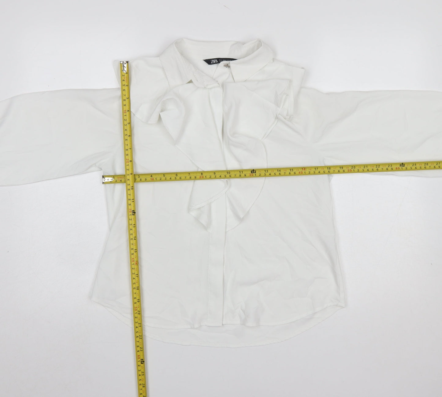 Zara Women White Ruffle Bow Long Sleeve Blouse Size S