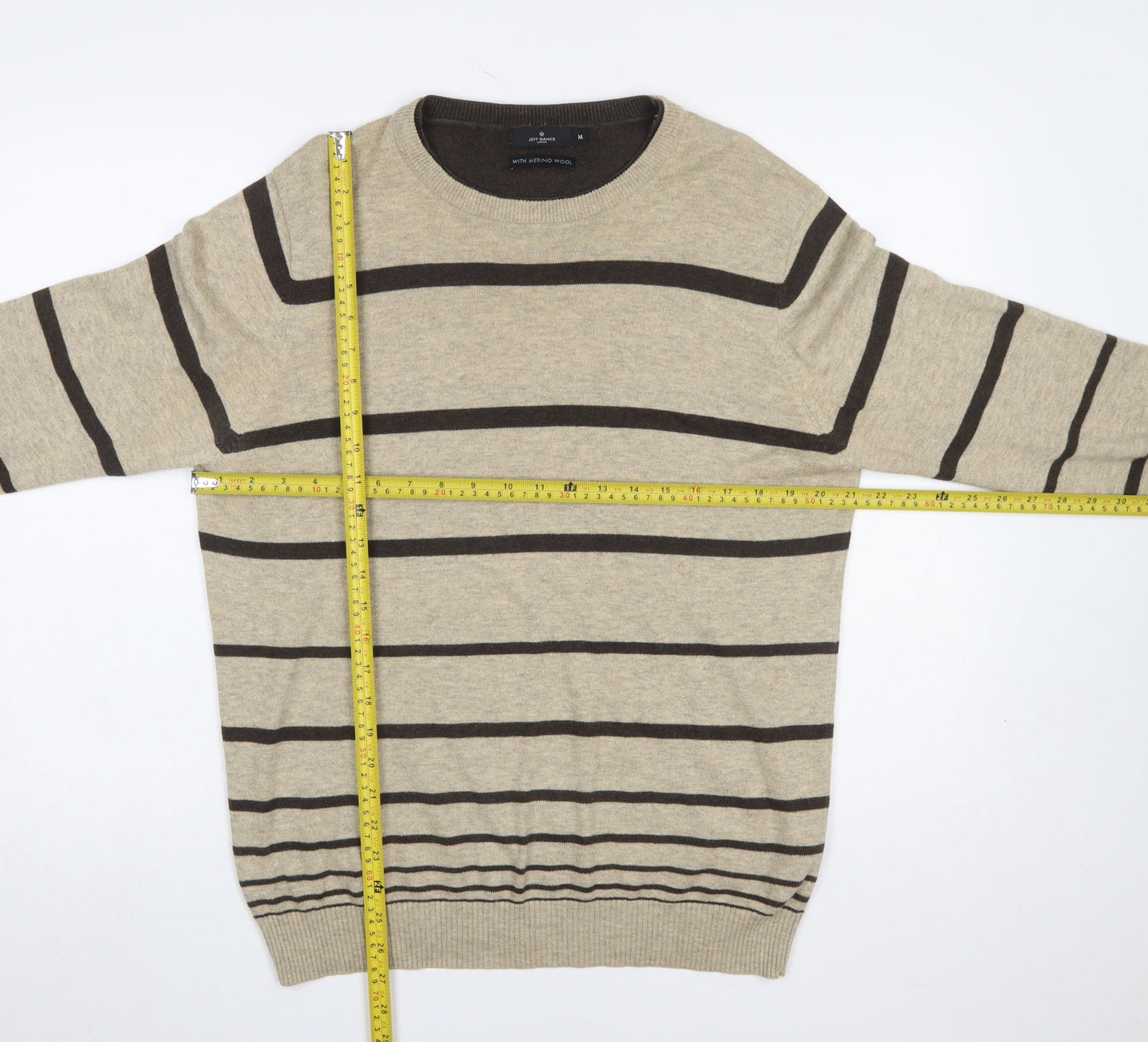 Jeff Banks Men's Beige Striped Merino Wool Cotton Pullover Jumper M